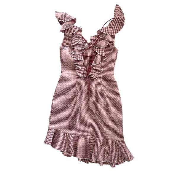 Wayf Gingham Ruffle Asymmetric Mini Dress Red Size Small Preppy Twee Feminine‎ - Picture 2 of 12